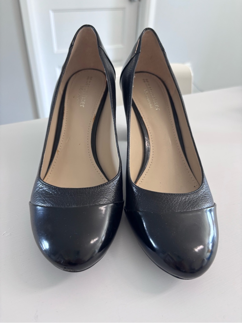 Naturalizer Black Leather Cap-Toe Pumps